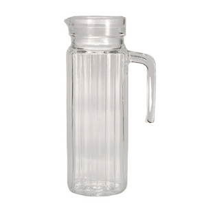 Restaurant Water Glass Jug  jar With Handle & Spout Vertical Stripe 1L Square Daily Use Milk Juice Drinking Pots  With  Lid