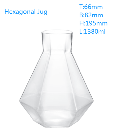 Special modern  hexagonal clear  water jug 1380 ml dinner smart tall Drinking  glass jar   fruit juice  tea pot  for bar hotel