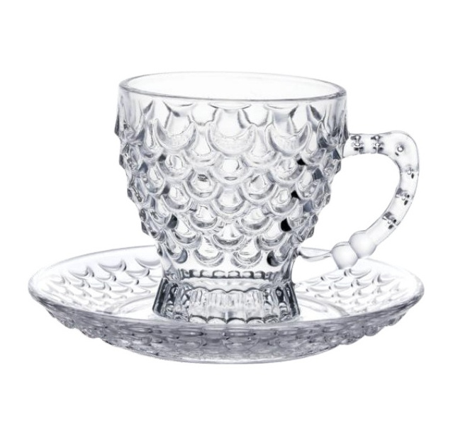 Wholesale Fashionable Fish Scales Crystal mug 12PCS Glass Coffee Tea Cup and Saucer Set Mocha Cups With Handle Copas De Te Cafe