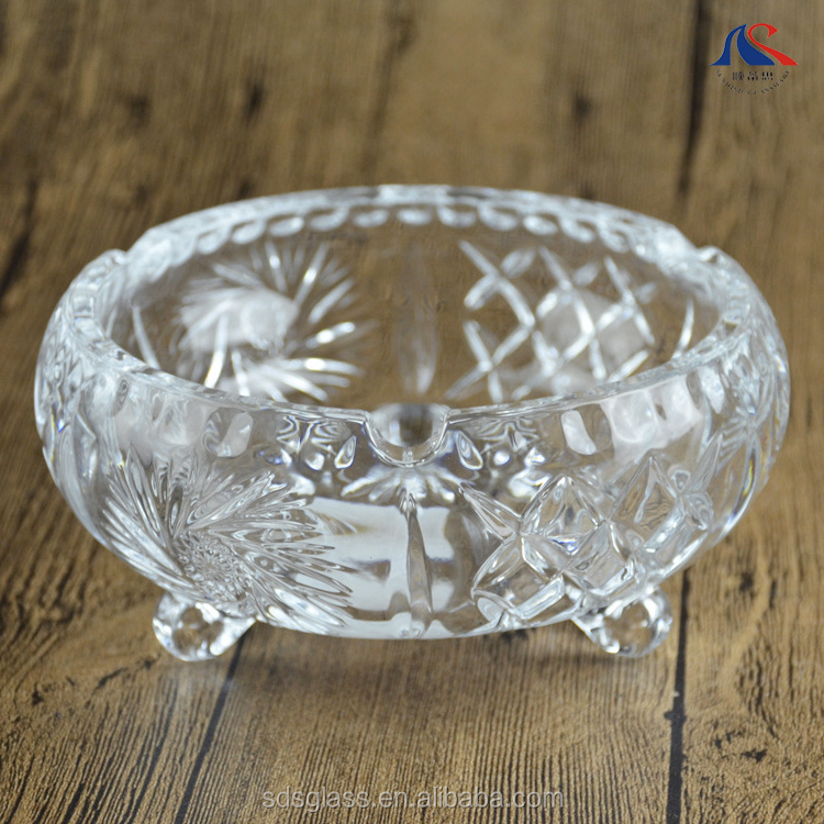 14.5cm Engraved Round Clear Glass Ashtray 3 Legs High Quality Wholesale Cigar Ash Footed Bowl Cigarette Ashes Container Mortar