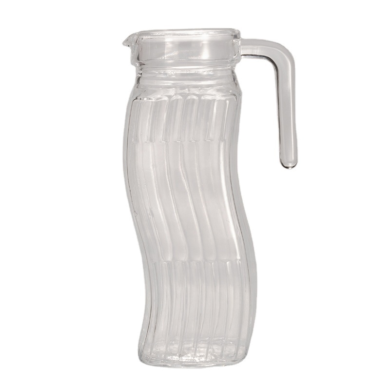 Unique Irregular Crooked Glass Pitcher 1L With Stripe S-Shaped Cold Water Jug with Plastic Lid Juice Tea Kettle With Spout