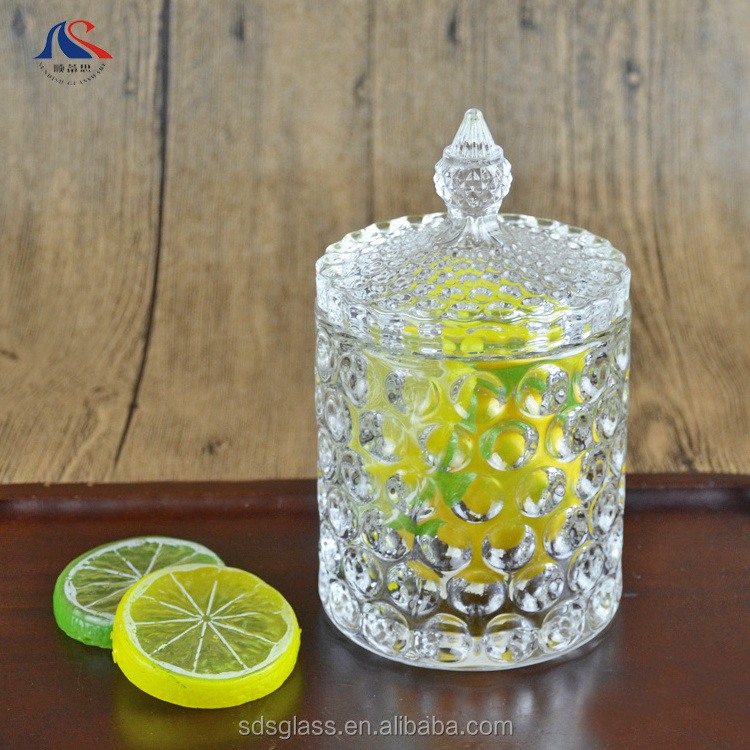 Factory Wholesale Can Shape Relief Roman Column Glass Candy Jar Cylindrical Candle Holder With Lid Caviar Storage Box Canister