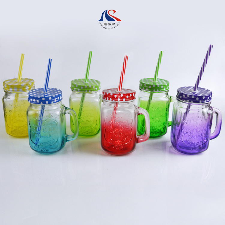 Colorful  Wide Mouth Glass Mason Jar with Straw Lid juice bottle Latte cups cold drinking can for cafe  bar