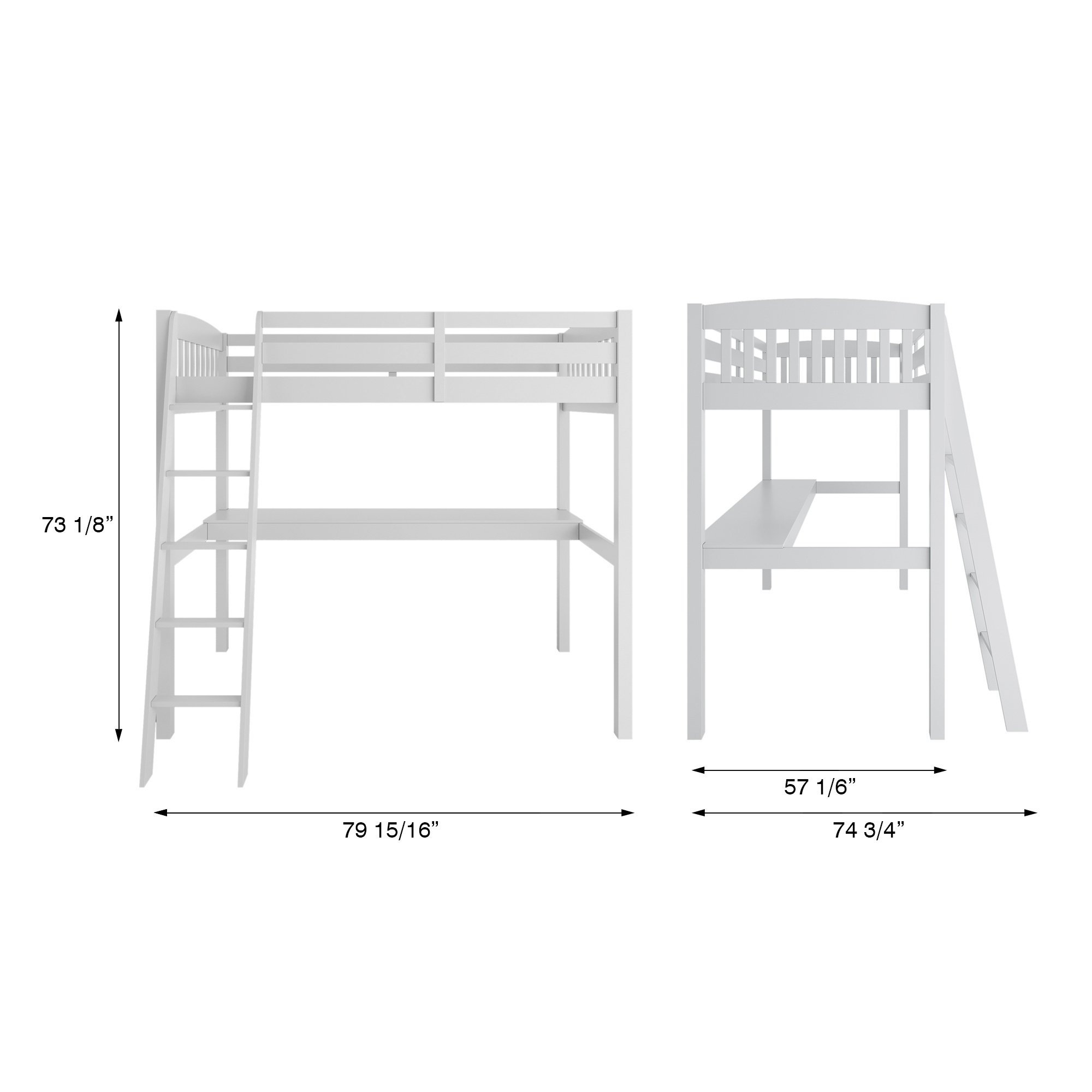 Everest White High Loft Bed with Desk and Storage, Heavy Duty Solid Wood Full Size Loft Bed Frame with Stairs for Kids