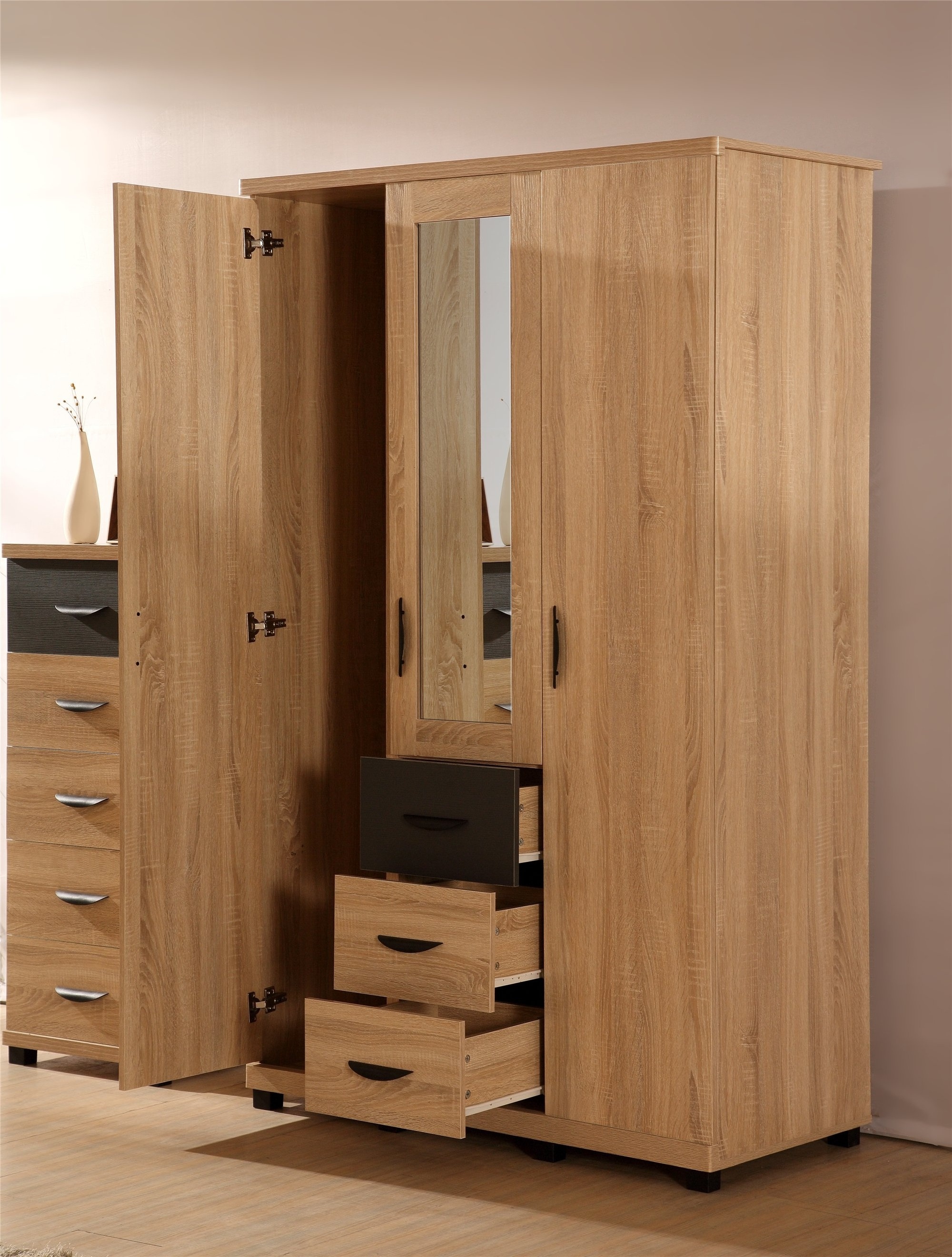 Hot sale wooden bedroom furniture wardrobes 3 door + 3 drawer mirrored wardrobe cabinet for bedroom