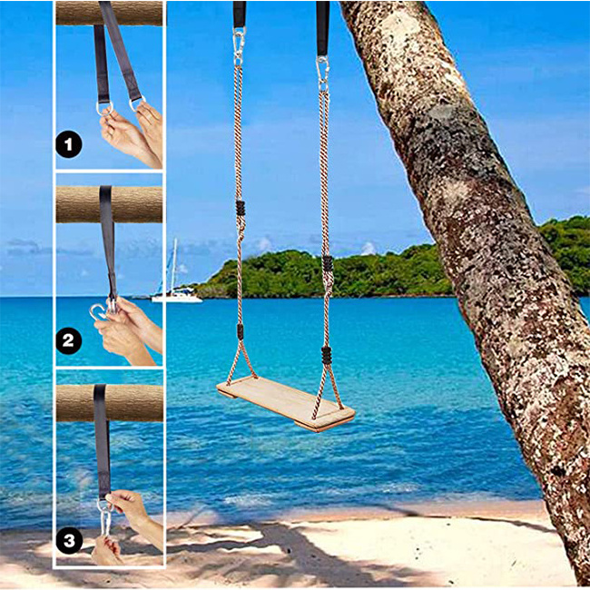 Outdoor Porch Garden Wooden Patio Swings Hanging Tree Hammock Straps Kit Adjustable Nylon Rope Wood Swing Seat for Kid