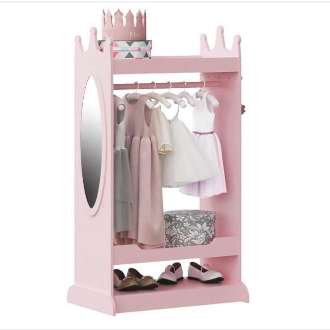 Wood Dress Up Storage Toddler Coat Racks Costume Closet Kids Pretend Storage Closet Wooden Standing Coat Rack with Mirror