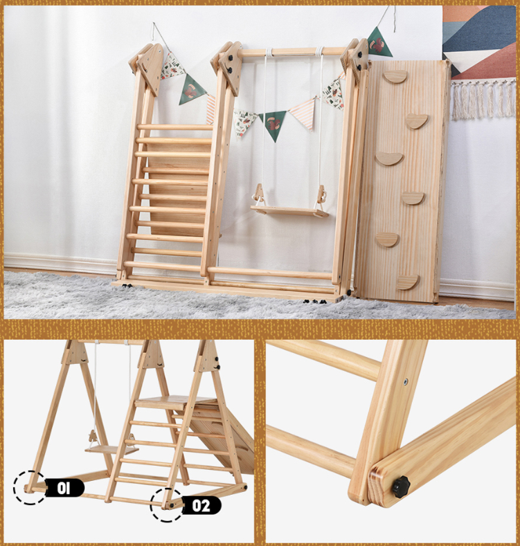 Factory wood indoor jungle gyms for kids Montessori Baby Play Multi-functional Play set Swing