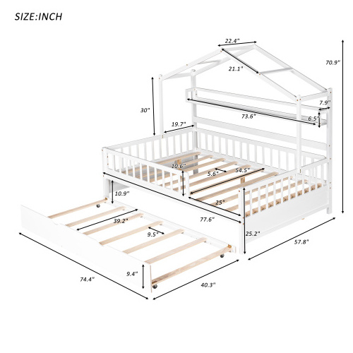 Write color Wooden Full Size House Bed with Twin Size Trundle Kids Bed with Shelf