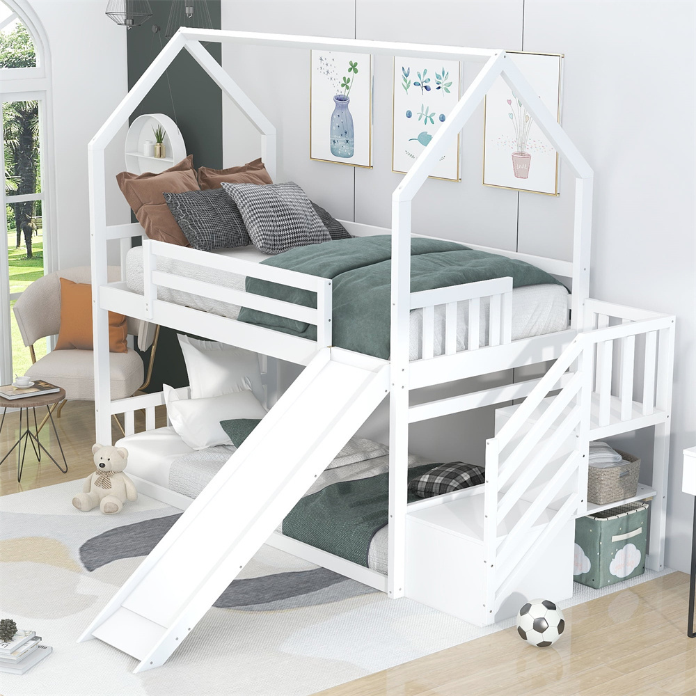 Twin Bunk Bed Wooden Kids Bed with Slide and Stairway for Kids Contemporary Pine Wood Princess Beds for Girl