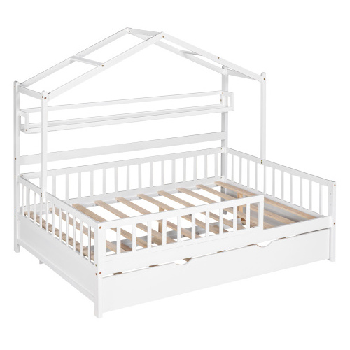 Write color Wooden Full Size House Bed with Twin Size Trundle Kids Bed with Shelf