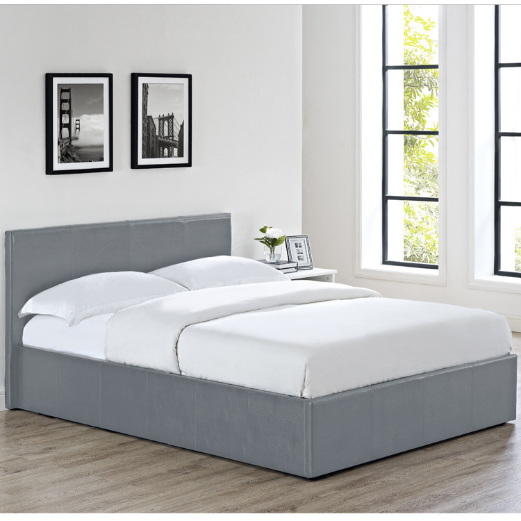 Cheap modern style cushion lift up storage grey white black king size high headboard leather upholstered frame bed with storage