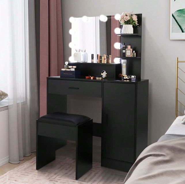 Makeup Desk with Lights Large Dressing Table with Lighted Mirror Black Vanity Set with Drawers & Storage Cabinet