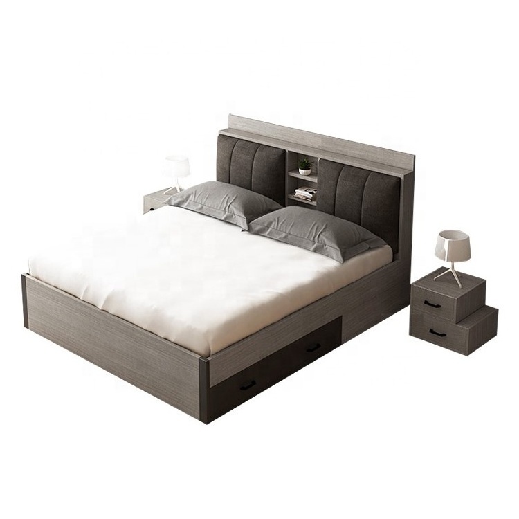 Modern design Simple wooden bed with drawer boxes and mattress customized hotel bed