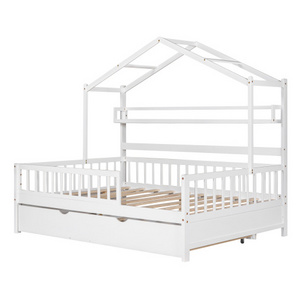 Write color Wooden Full Size House Bed with Twin Size Trundle Kids Bed with Shelf