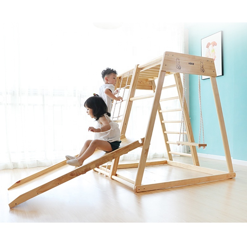 Indoor playground beech plywood wooden swing kids indoor slide swing combination wood baby climbing frame