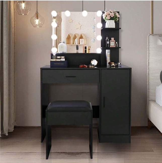 Makeup Desk with Lights Large Dressing Table with Lighted Mirror Black Vanity Set with Drawers & Storage Cabinet