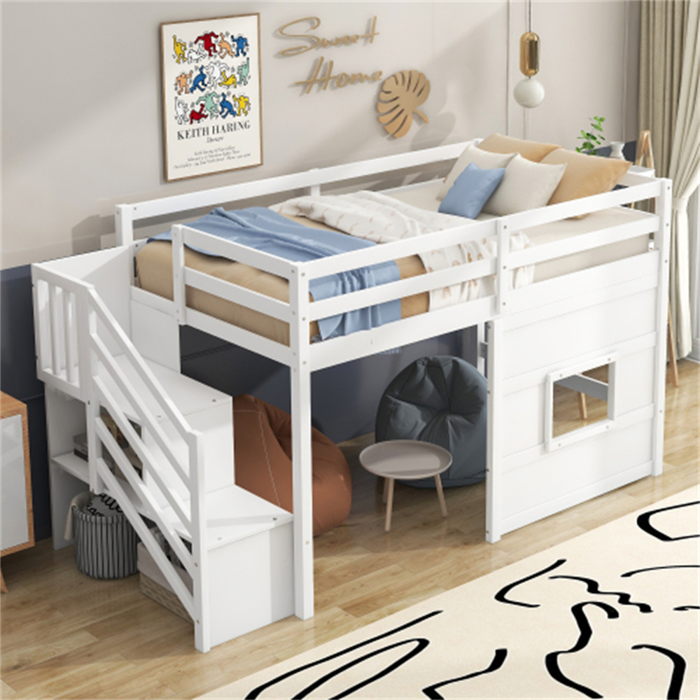 Wholesale Queen Full Size  Solid Wood  Bunk Loft Bed with Stairs Bedroom Furniture Children Loft Bed for School