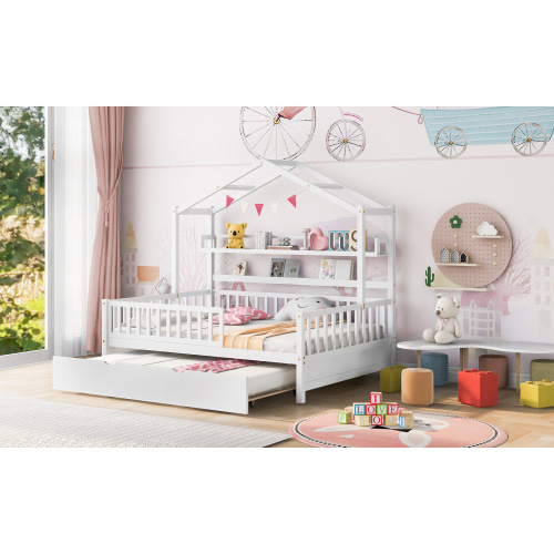 Write color Wooden Full Size House Bed with Twin Size Trundle Kids Bed with Shelf