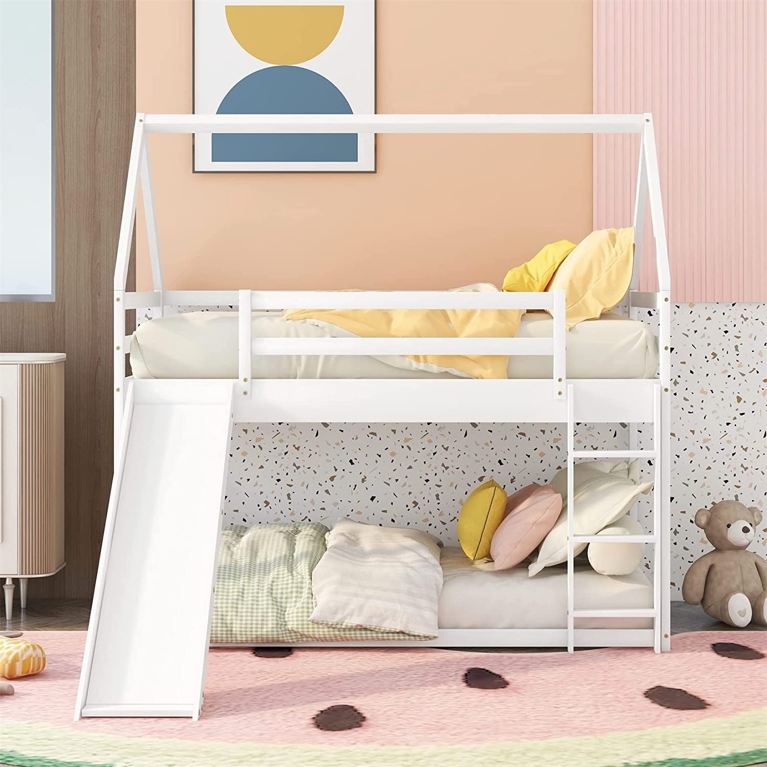 High quality products safe and breathable toddler pink bunk bed playhouse design kids beds for girls