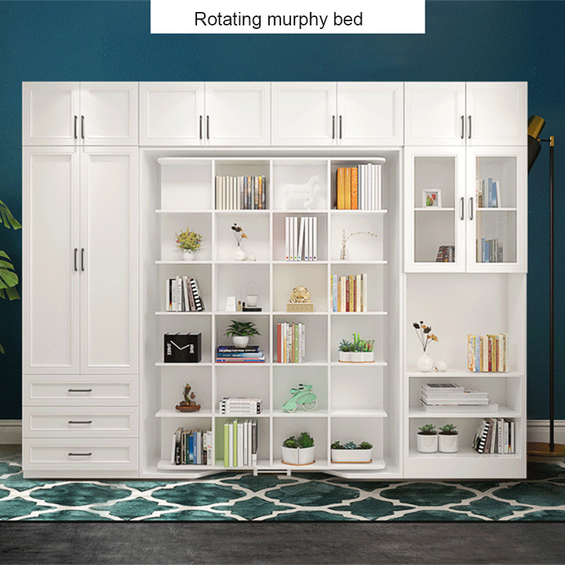 Multifunctional rotating hidden wall bed folding rotator beds bookcase Murphy bed with wardrobe with bookcase