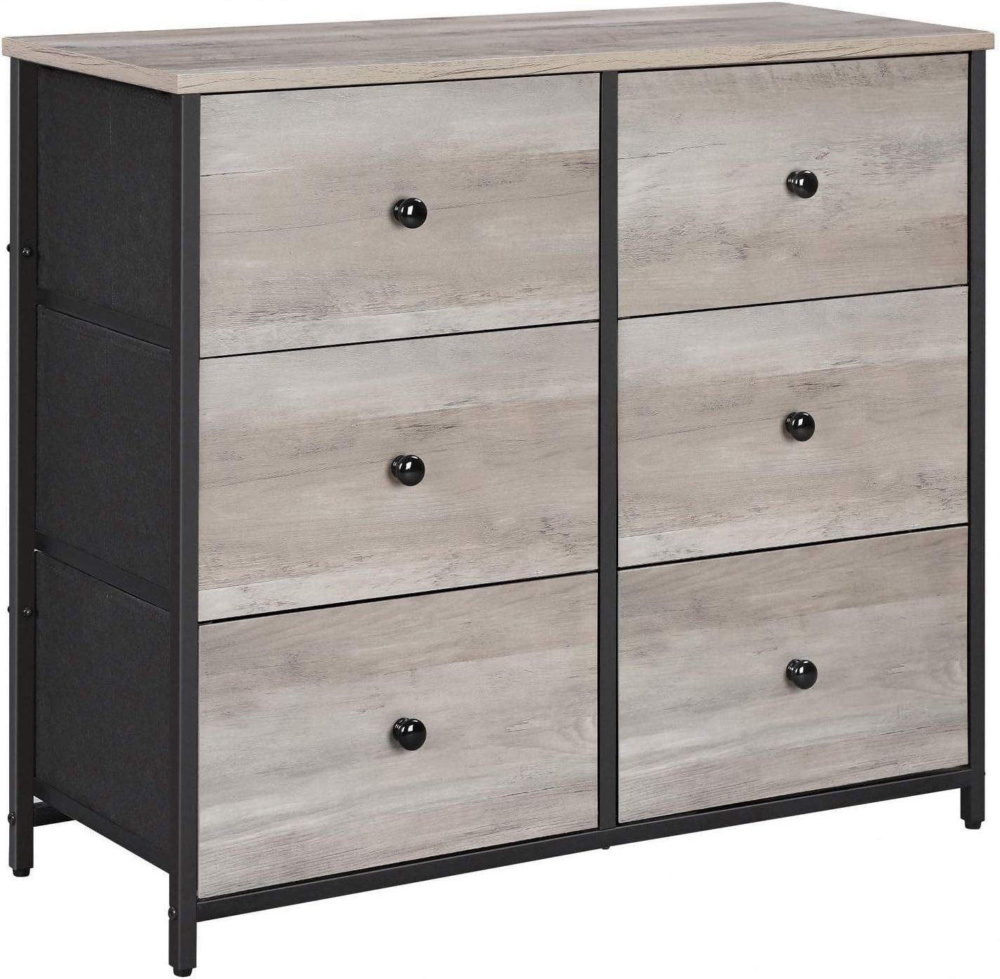 Dresser for Bedroom Chest of Drawers 6 Drawer Dresser Closet Fabric Dresser with Metal Frame Heather Greige and Classic black