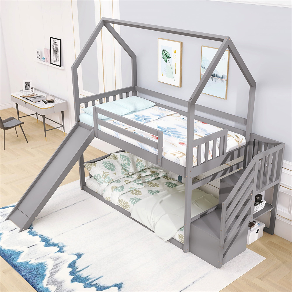 Twin Bunk Bed Wooden Kids Bed with Slide and Stairway for Kids Contemporary Pine Wood Princess Beds for Girl