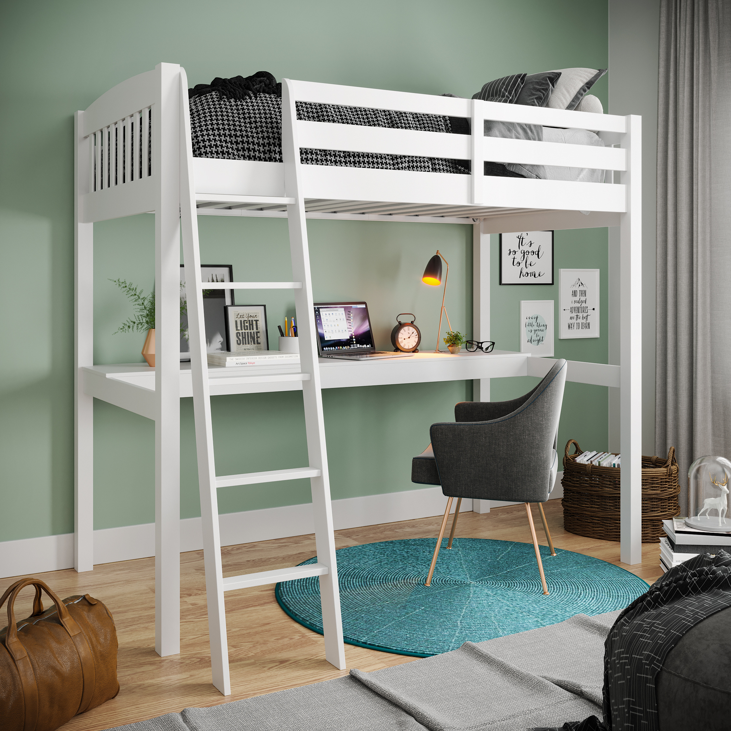 Everest White High Loft Bed with Desk and Storage, Heavy Duty Solid Wood Full Size Loft Bed Frame with Stairs for Kids