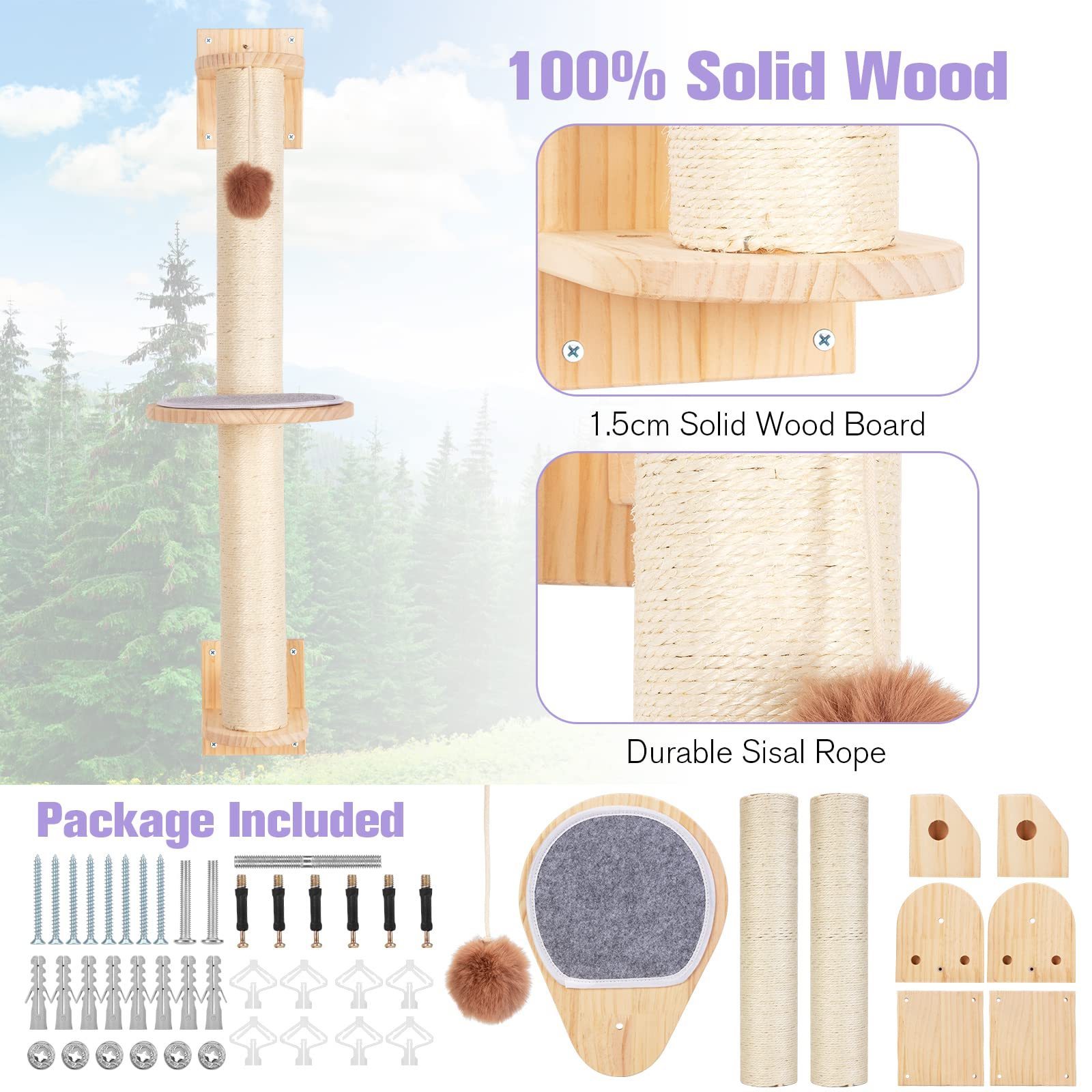 Latest Styles Cat Activity Tree with Scratch Posts, Wall Mounted Jute Scratcher Pine Hammock for Cats Sustainable 5 Pcs Pet Cats