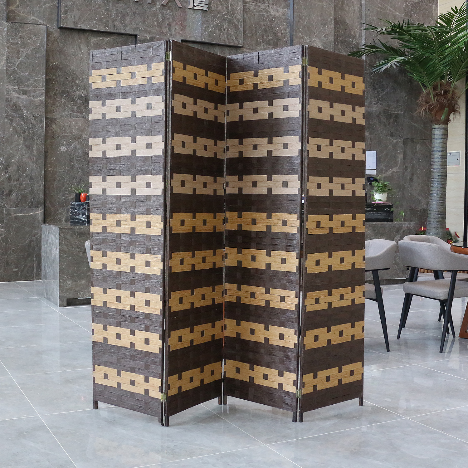 Handmade Wooden Fiber Brown Diamond Movable 4-Panel Room Divider Art Deco Style for Office Living Room Dining Room Wholesale