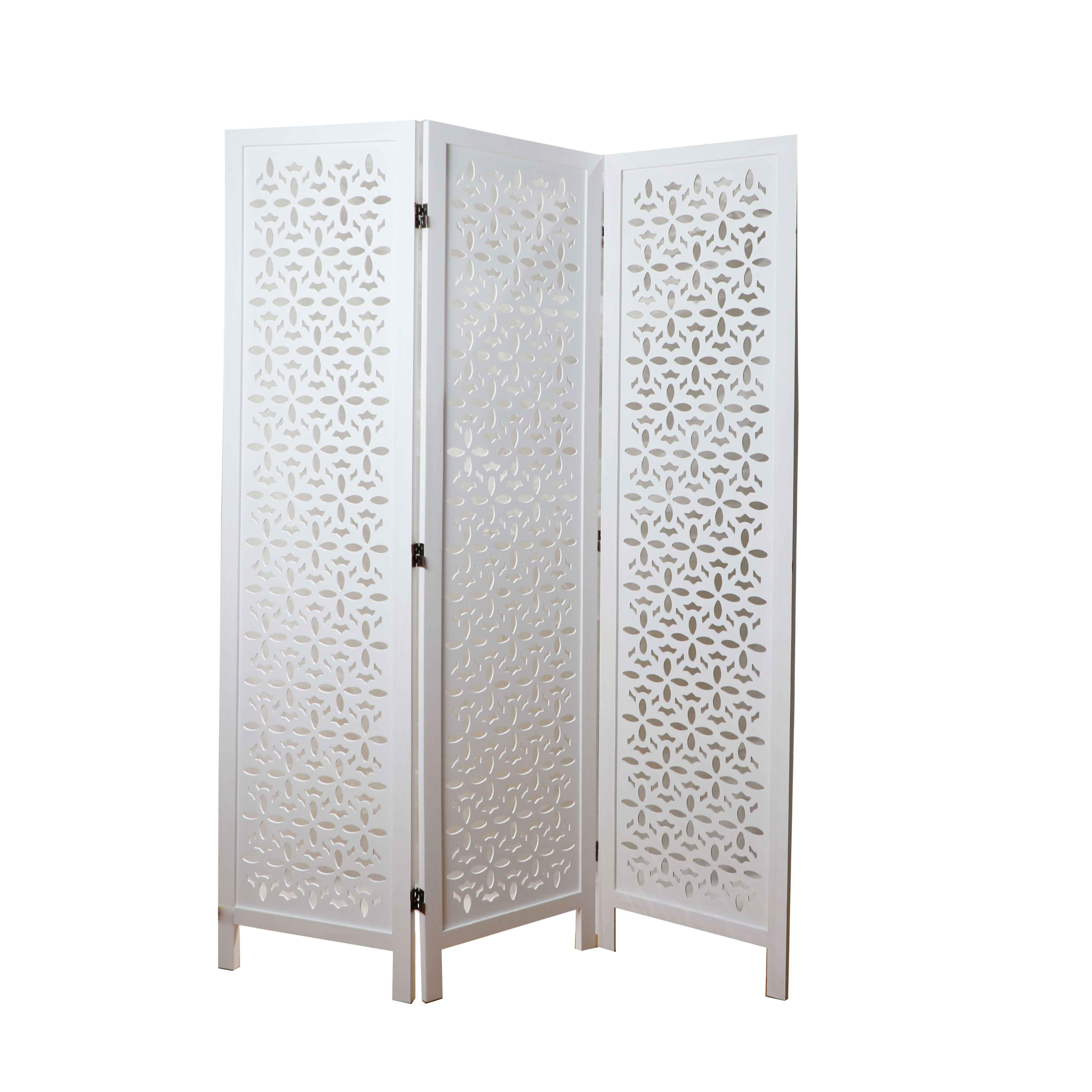 White color Movable Partition Wall wood carved design Rattan Handcraft Room Divider Screen