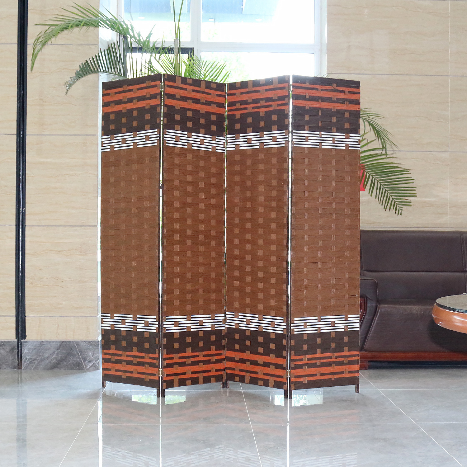 Handmade Wooden Fiber Brown Diamond Movable 4-Panel Room Divider Art Deco Style for Office Living Room Dining Room Wholesale