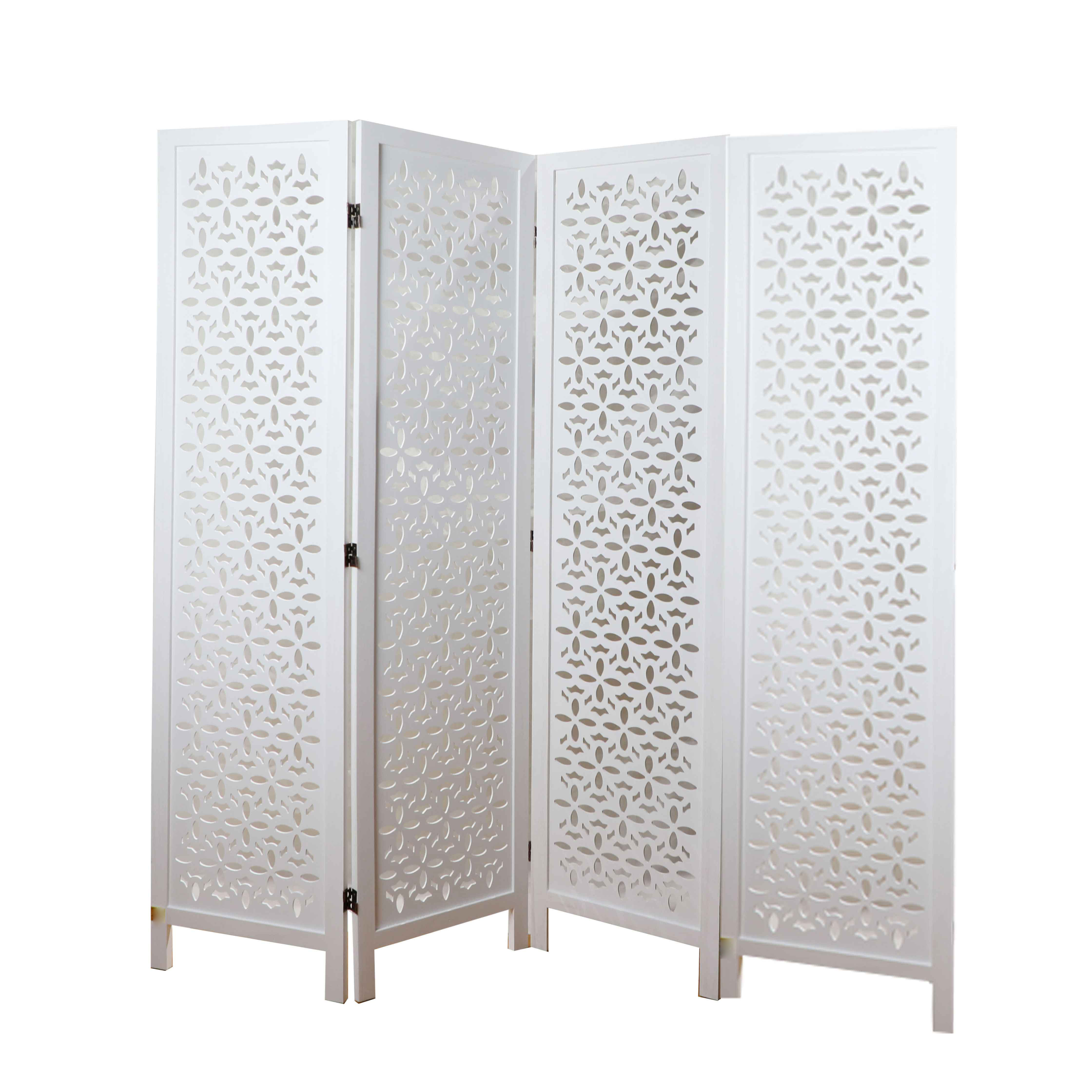 White color Movable Partition Wall wood carved design Rattan Handcraft Room Divider Screen