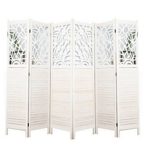 6 panels woven foldable  carved flower design  white color wooden wall desk clear hanging curtain room divider