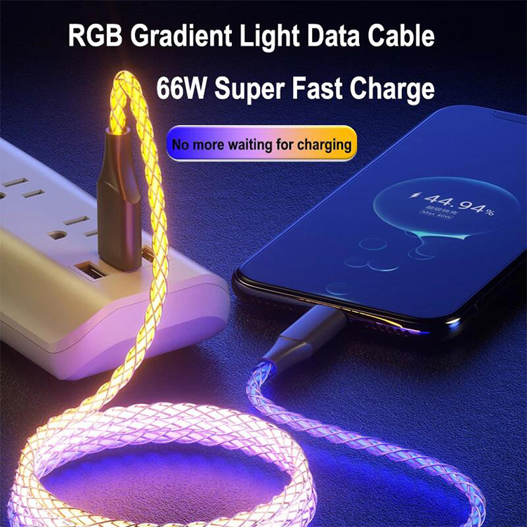 6A RGB LED Flowing USB Cable 100W Fast Charging Breathing Light Type C USB Quick Charge Data Cable