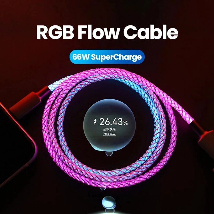 6A RGB LED Flowing USB Cable 100W Fast Charging Breathing Light Type C USB Quick Charge Data Cable