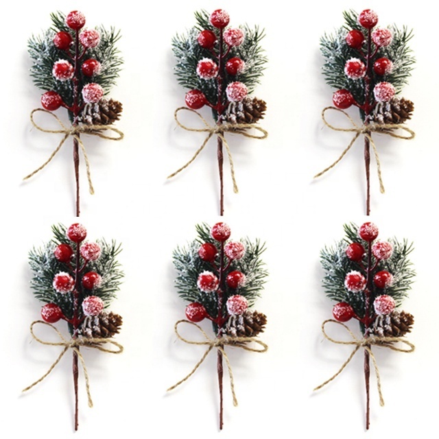 Artificial spray snow pine branch stems red berry Christmas tree decoration artificial pine spray snow pick