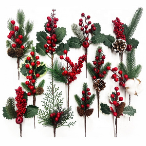 Artificial Berry Pine Needles Branches Stems Single Christmas Spray Tree Picks Pine Needle Branches For Xmas Decoration