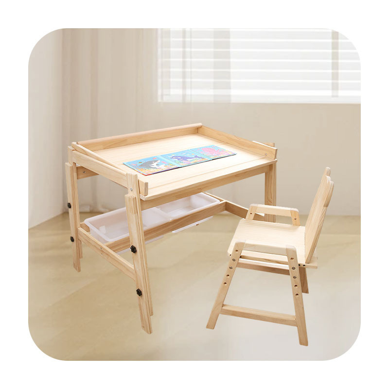 Modern Children's Drawing Learning Furniture Wooden Kids Art Table and 2 Chairs Set with shelf, Kids Drawing Desk Study table