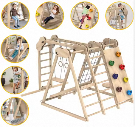 Multifunctional swing slide Kids Gym set Indoor Montessori foldable Pickpocket triangle wooden climbing frame