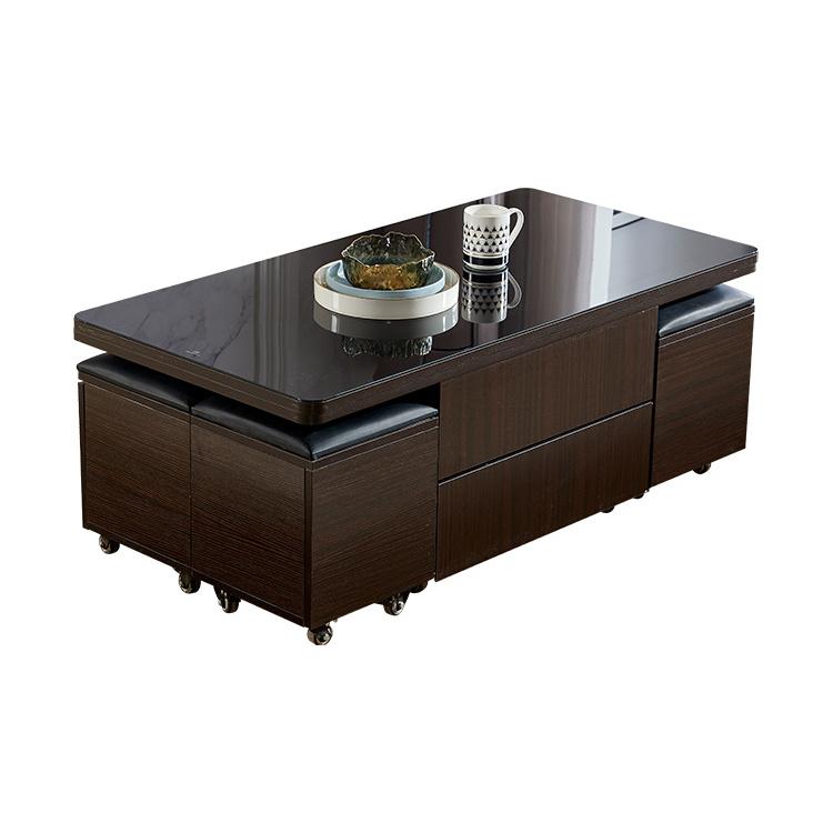 Multifunctional folding lifting lift top coffee table with storage stools and wheels