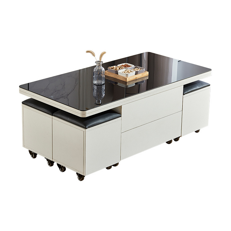 Multifunctional folding lifting lift top coffee table with storage stools and wheels