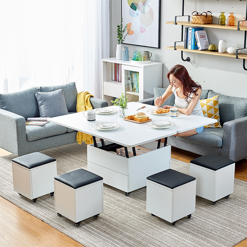 Multifunctional folding lifting lift top coffee table with storage stools and wheels