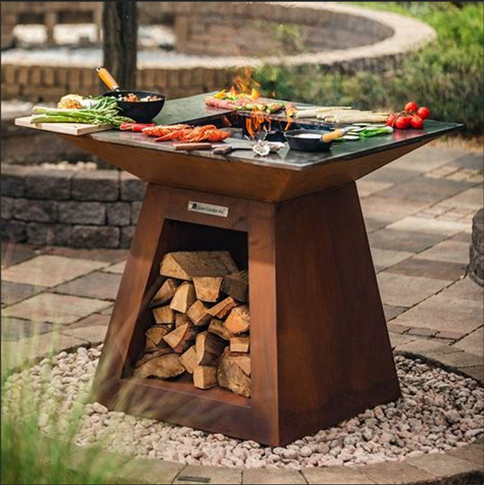 Out Door Square Simple Open Fire Charcoal Wood Bbq Grill Mobile Outdoor Kitchen Brazier Ball Corten Steel Metal Barbecue Grill