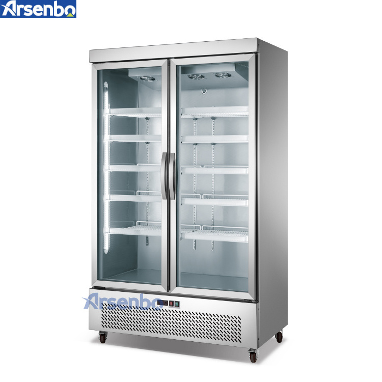 Arsenbo Commercial Use Stainless Steel Bottom Mounted Upright Display Refrigerator with Double Glass Door