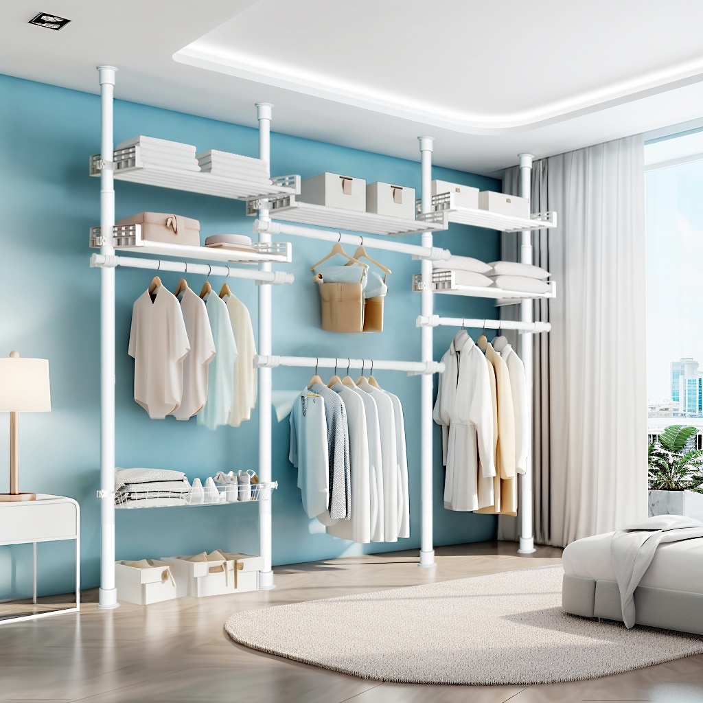 Bedroom Metal Open Wardrobe Pole System Movable Walk In portability Closet System Diy Combination White Wardrobe Closets