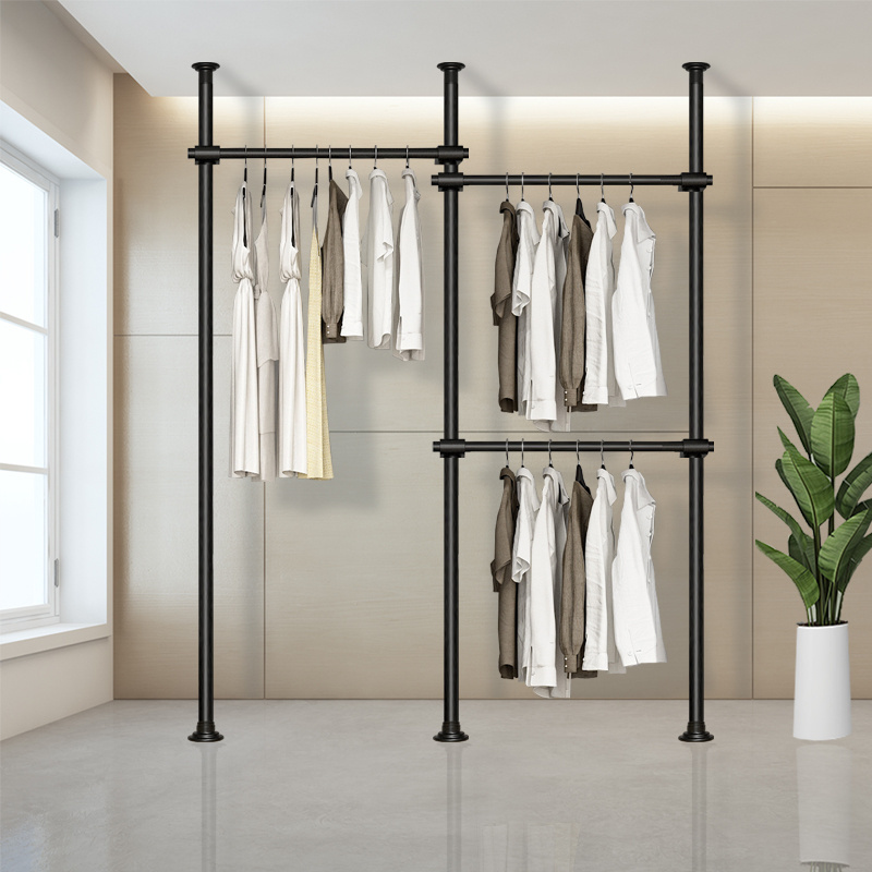 Metal clothing rack Heavy Duty Telescopic Industrial Pipe Standing Portable Metal Hanging Clothes Rack