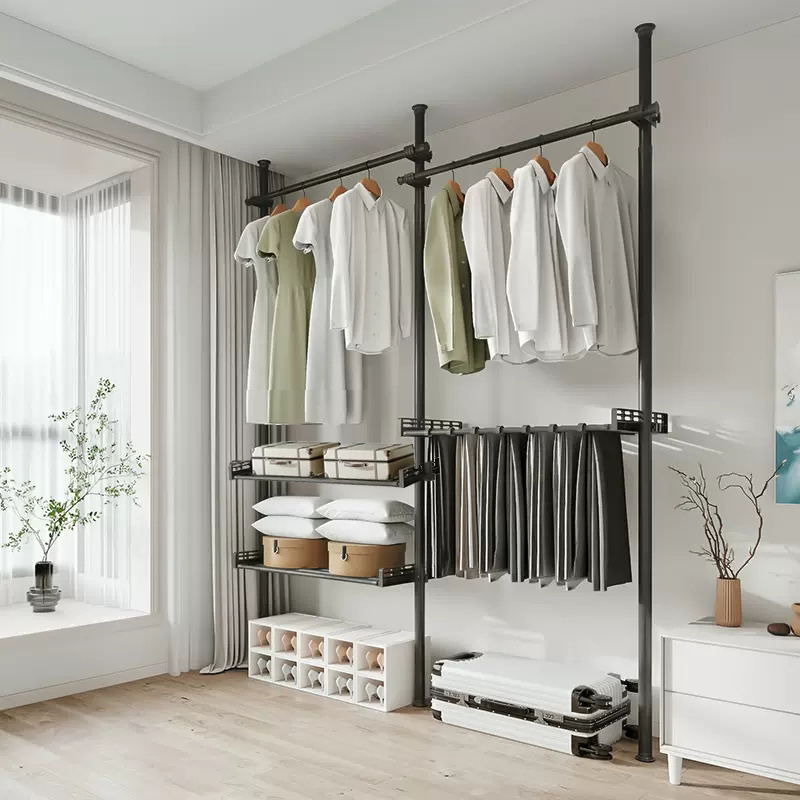 Multifunctional Moving Clothing Rack Modern Corner Space Saving No Drill Clothes Rack Metal Stand Hanging Clothes Rack