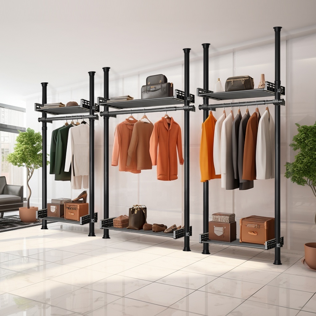 Black Custom Metal Closet System Organization Luxury Boutique Free Combination Modern Wardrobe Pole System