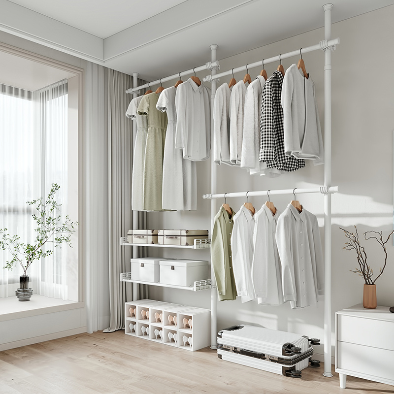 Bedroom Simple Small Hanging Rack Clothes Stand No Drill White Clothes Rack Storage Metal Clothing Racks For Hanging Clothes